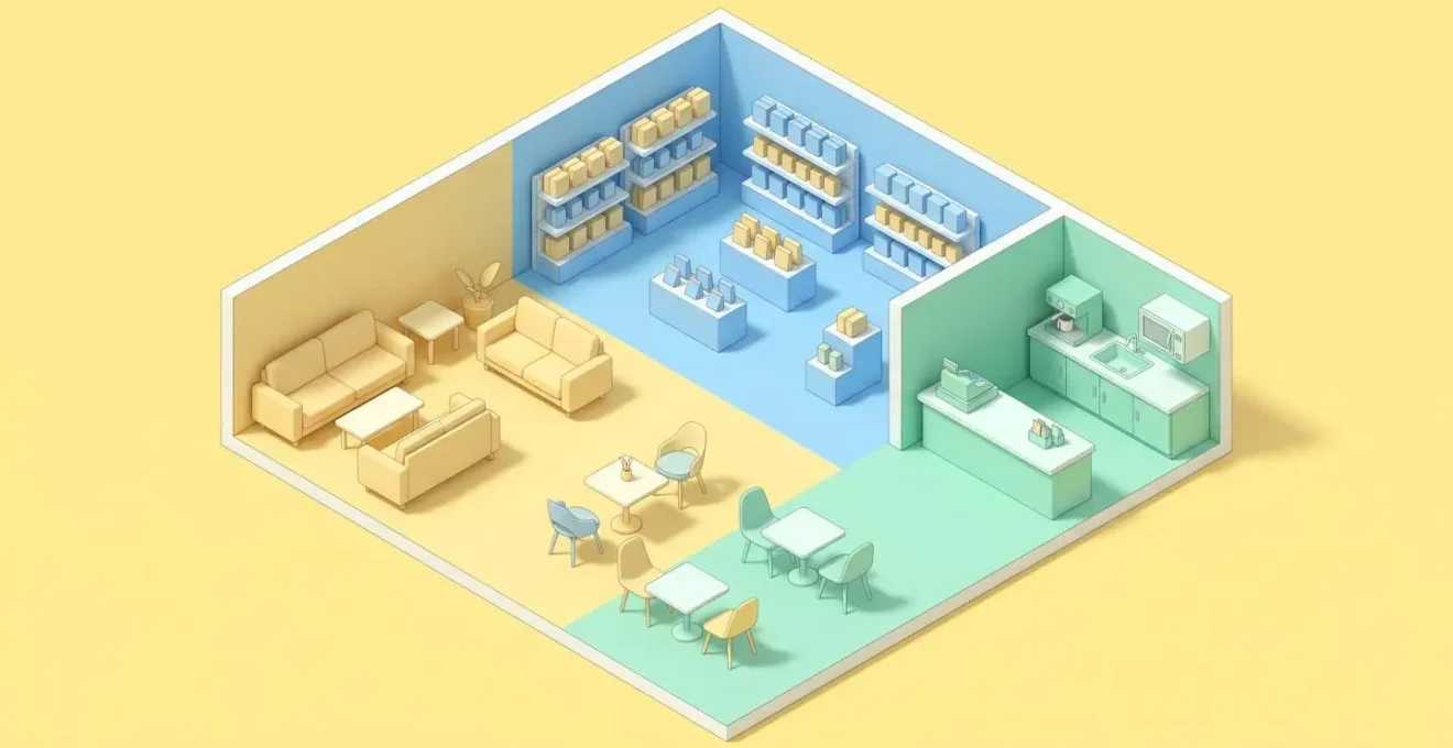 Plan isométrique illustrant les trois zones d'un salon de thé boutique : salon en jaune, boutique en bleu, service en vert.