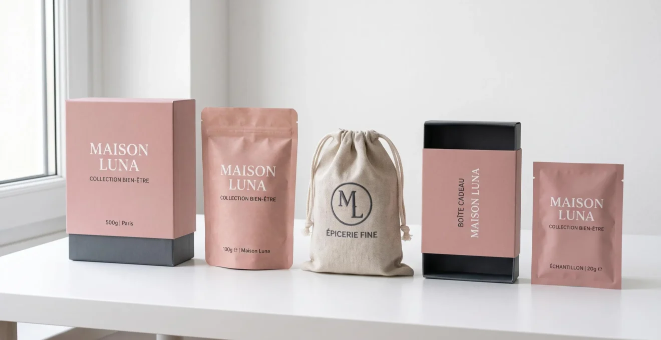 Alignement de cinq formats d'emballages différents (boîte rigide, pochette kraft, sac en tissu, étui et sachet plat) partageant une identité visuelle cohérente déclinée en rose poudré, gris anthracite et blanc sur fond blanc mat