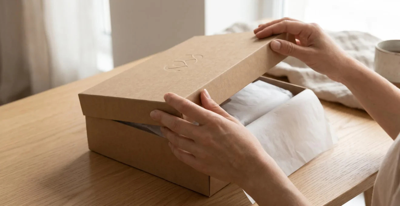 Gros plan sur des mains féminines ouvrant avec précaution une boîte en carton kraft personnalisée révélant du papier de soie blanc à l'intérieur, posée sur une table en bois clair sous lumière naturelle