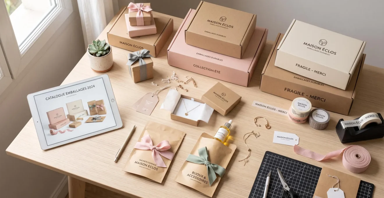 Vue aérienne d'un plan de travail e-commerce présentant un assortiment d'emballages personnalisés : boîtes cartonnées imprimées de différentes tailles, pochettes kraft, rubans colorés et produits en cours de conditionnement sur surface en bois clair