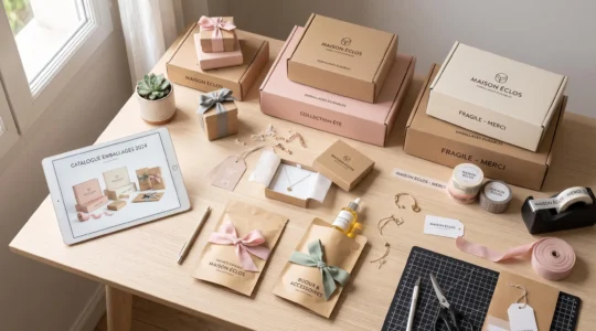 Vue aérienne d'un plan de travail e-commerce présentant un assortiment d'emballages personnalisés : boîtes cartonnées imprimées de différentes tailles, pochettes kraft, rubans colorés et produits en cours de conditionnement sur surface en bois clair